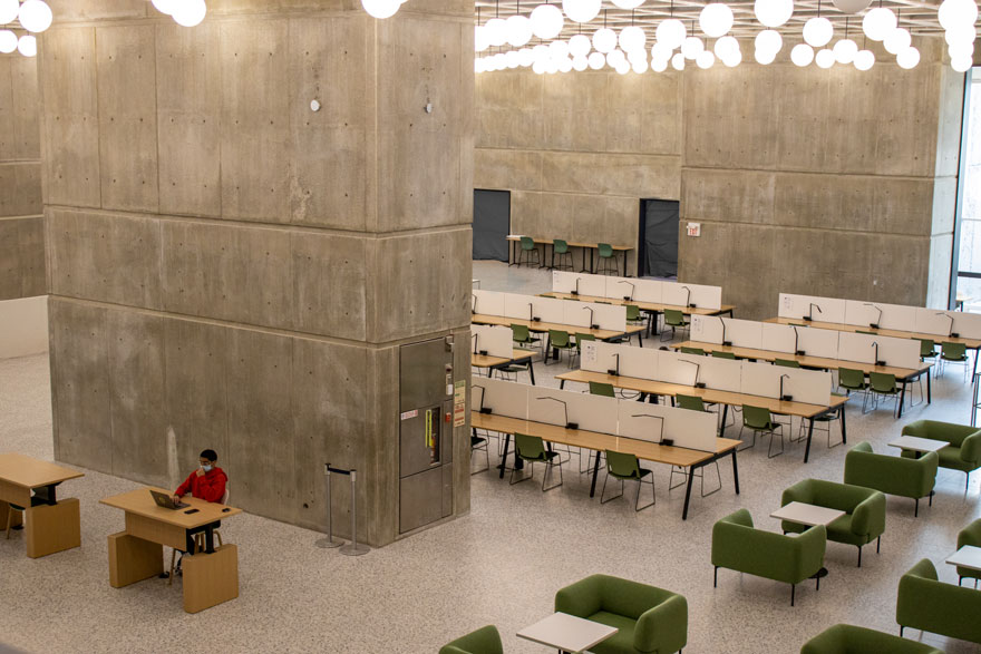 A photo of the first floor of the Weldon Learning Commons.