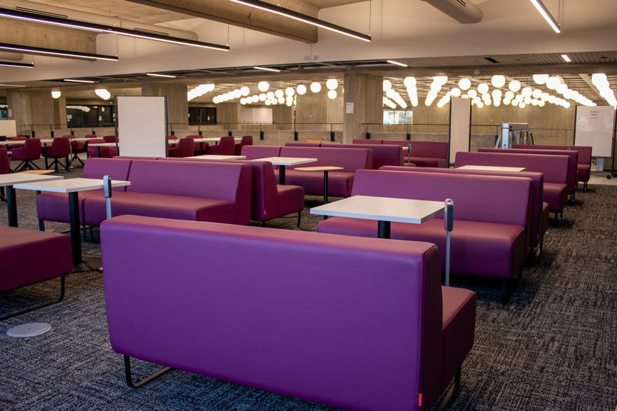 A photo of the mezzanine in the Weldon Learning Commons.
