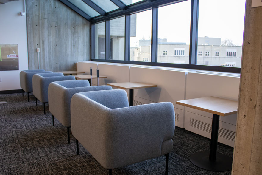 A photo of comfy chairs on the mezzanine in the Weldon Learning Commons.