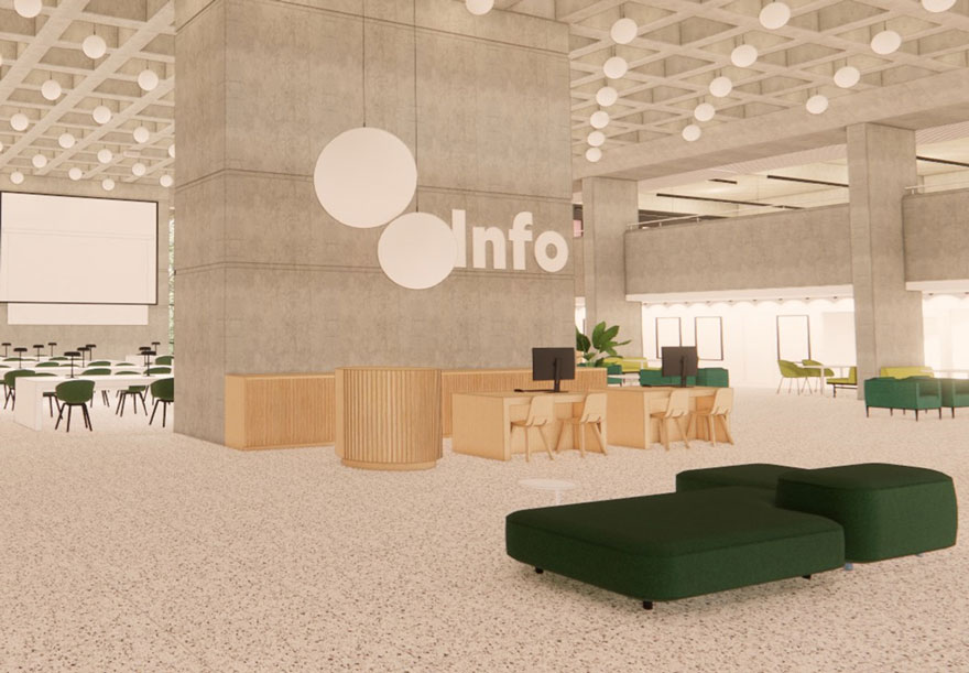 Artist rendering of the Info Desk and Learning Commons